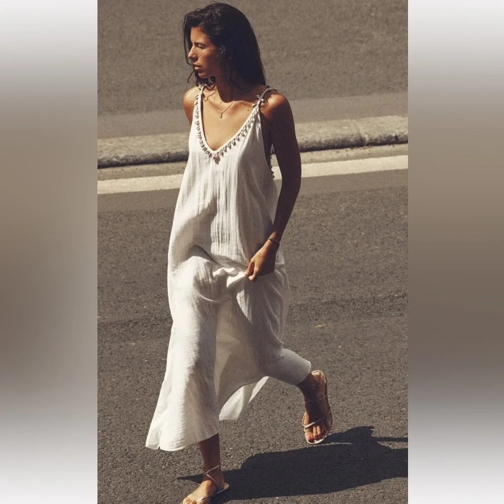 ZARA Long Summer Dress Seashell Embroidered Crochet Strappy XXL NWT - Picture 3 of 4